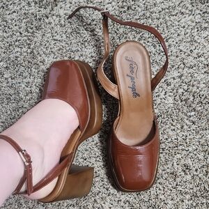 Free People Cognac Brown Patent Leather Platform Slingback Heels
